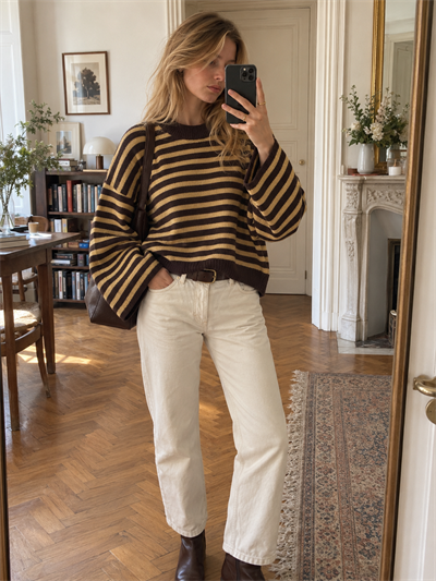 Retrobird Livia Oversize Çizgili Sarı - Kahve Triko Kazak
