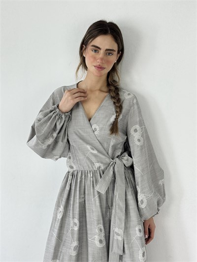 Retrobird Lady Kuşaklı Kruvaze Balon Kol Gri Elbise