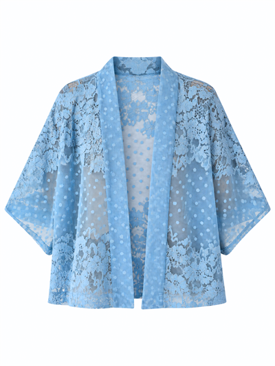 Retrobird Tasarım Transparan Dantel Marin Mavi Boho Mini Kimono