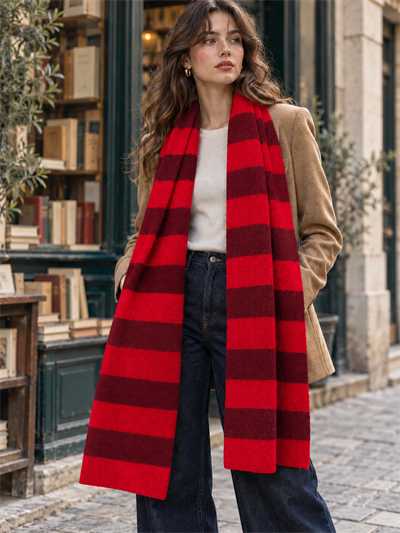 Retrobird Retro Çizgili Oversize Kırmızı Unisex Triko Atkı