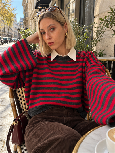 Retrobird Livia Oversize Siyah Çizgili Kırmızı Triko Kazak