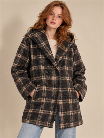 Retrobird Urban Retro Kahve Bej Ekose Kapüşonlu Oversize Ceket Kaban