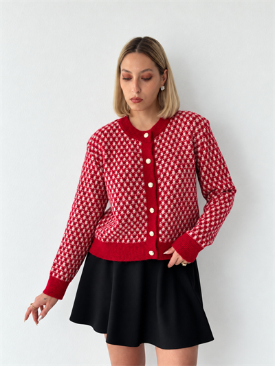 Retrobird Florence Patterned Buttoned Crew Neck Red Knit Cardigan