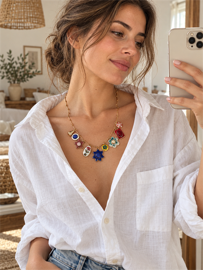 Retrobird Solana Colorful Figurative Charm Detail Navy Blue Necklace