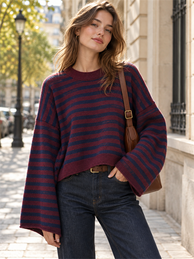 Retrobird Livia Oversize Çizgili Lacivert - Mürdüm Triko Kazak
