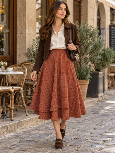 Retrobird Hazel Layered Cinnamon Asymmetrical Midi Skirt