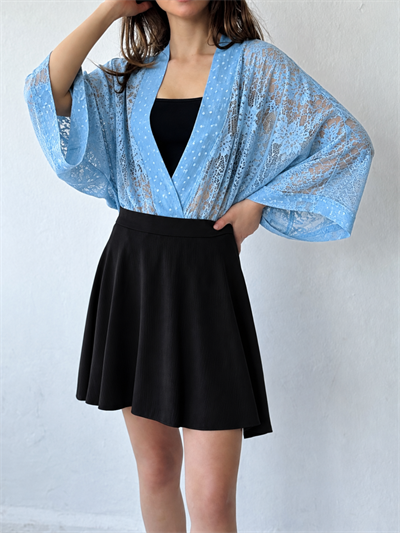 Retrobird Tasarım Transparan Dantel Marin Mavi Boho Mini Kimono