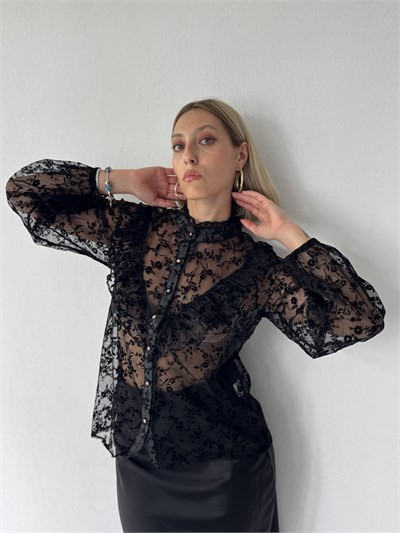 Retrobird Elodie Volanlı Dantel Hâkim Yaka Düğmeli Siyah Gömlek