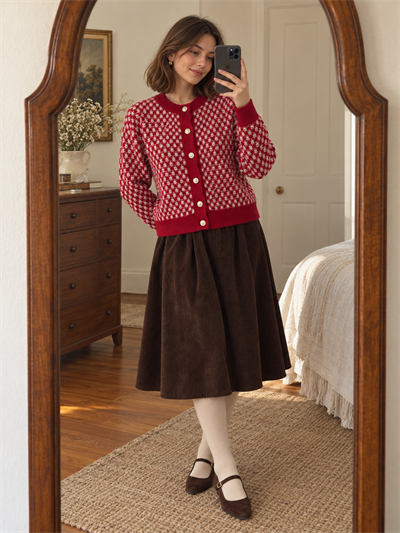 Retrobird Florence Patterned Buttoned Crew Neck Red Knit Cardigan