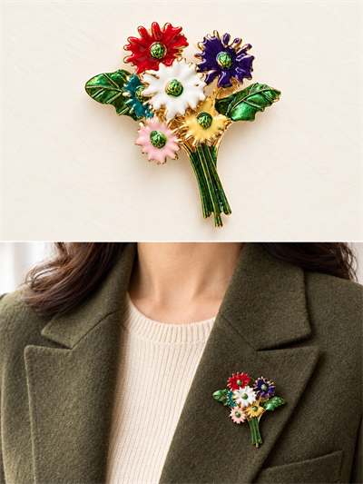 Retrobird Romy Çok Renkli Çiçek Buketi Vintage Broş