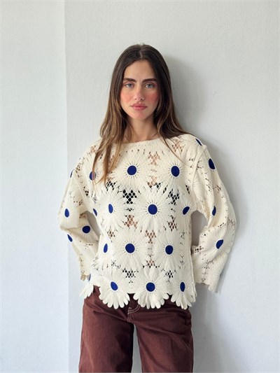 Retrobird Mabel Çiçek Motifli Krem - Mavi Ajurlu Kroşe Kazak