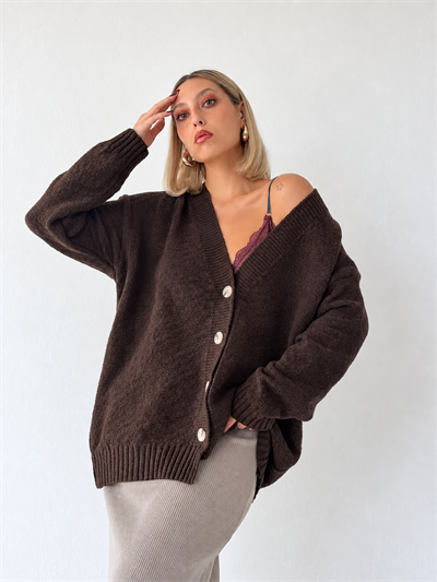 Retrobird Doris Oversize V Yaka Düğmeli Kahverengi Triko Hırka