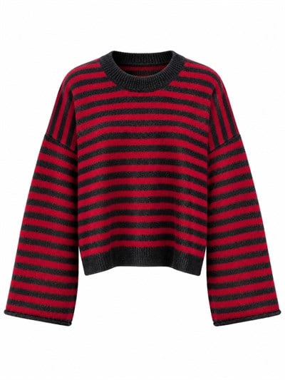 Retrobird Livia Oversize Siyah Çizgili Kırmızı Triko Kazak