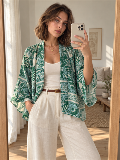 Retrobird Tasarım Su Yeşili Boho Mini Kimono