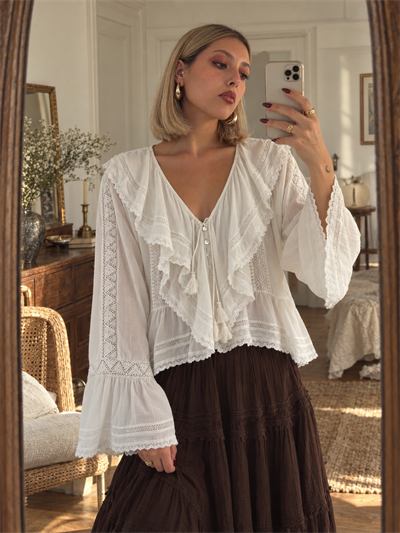 Retrobird Odette Ruffle Detail Tie-Button Snow White Shirt