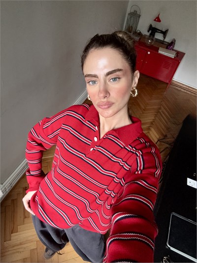 Retrobird Sadie Çizgili Oversize Polo Yaka Kırmızı Triko Kazak
