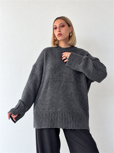 Retrobird Bess Oversize Bisiklet Yaka Koyu Gri Basic Triko Kazak
