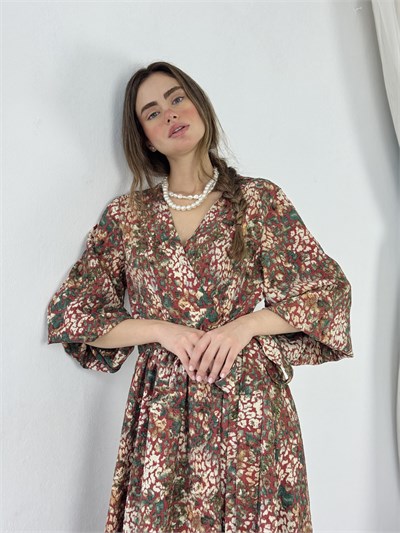 Retrobird Lady Kuşaklı Kruvaze Balon Kol Vişne Elbise