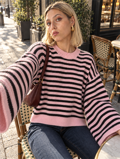 Retrobird Livia Oversize Siyah Çizgili Pembe Triko Kazak