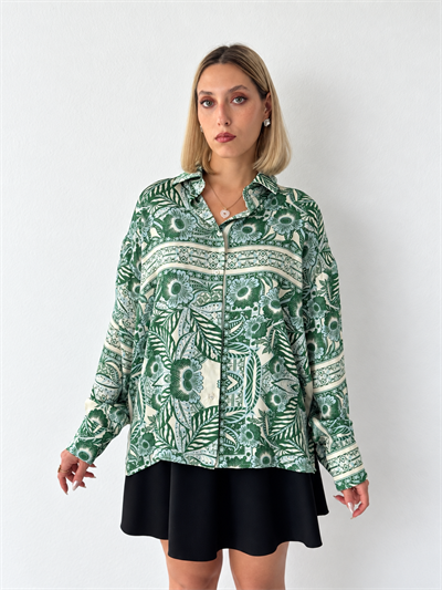 Retrobird Tasarım Saten Yüzeyli Retro Desenli Oversize Yeşil Boyfriend Gömlek
