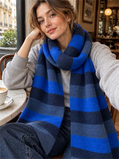 Retrobird Retro Çizgili Oversize Saks Mavi Unisex Triko Atkı