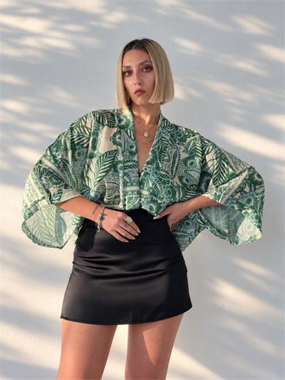 Retrobird Tasarım Su Yeşili Boho Mini Kimono