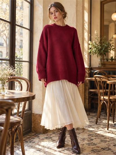 Retrobird Bess Oversize Bisiklet Yaka Bordo Basic Triko Kazak