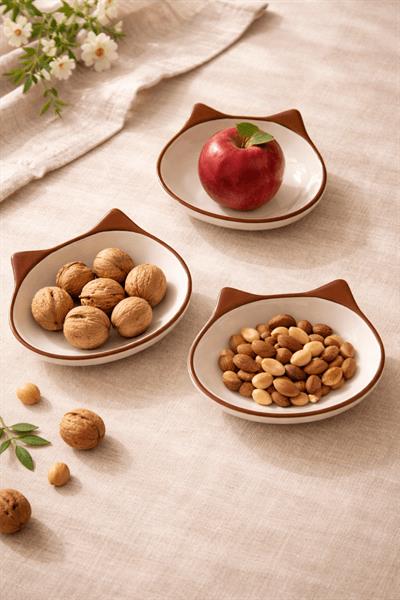 Retrobird 3-Piece Ceramic Cat Brown Snack Bowl Set – Decorative Serving Bowl for Nuts and Snacks