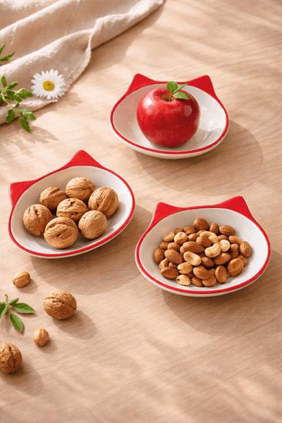 Retrobird 3-Piece Ceramic Cat Red Snack Bowl Set – Decorative Serving Bowl for Nuts and Snacks