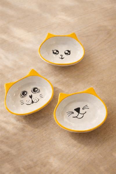 Retrobird 3-Piece Ceramic Cat Yellow Snack Bowl Set – Decorative Serving Bowl for Nuts and Snacks