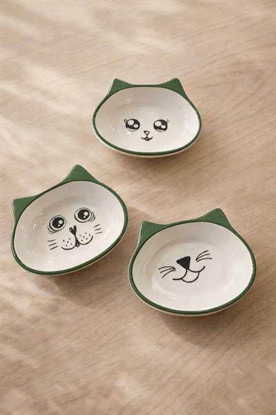 Retrobird 3-Piece Ceramic Cat Green Snack Bowl Set – Decorative Serving Bowl for Nuts and Snacks