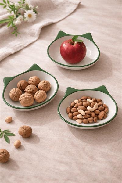 Retrobird 3-Piece Ceramic Cat Green Snack Bowl Set – Decorative Serving Bowl for Nuts and Snacks