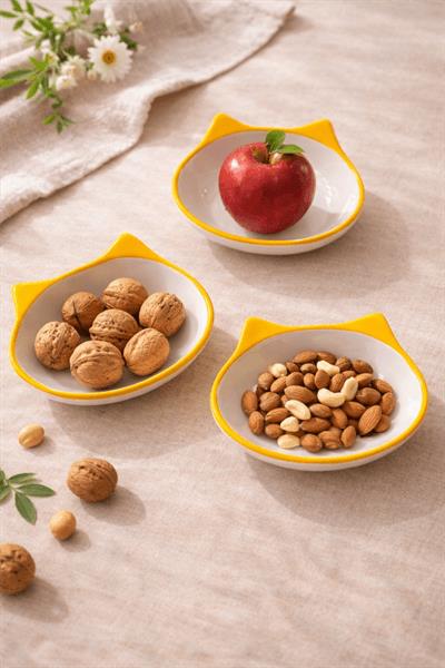 Retrobird 3-Piece Ceramic Cat Yellow Snack Bowl Set – Decorative Serving Bowl for Nuts and Snacks