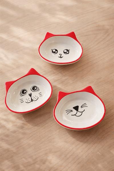 Retrobird 3-Piece Ceramic Cat Red Snack Bowl Set – Decorative Serving Bowl for Nuts and Snacks