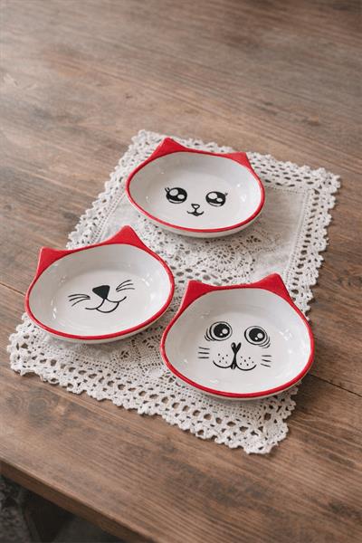 Retrobird 3-Piece Ceramic Cat Red Snack Bowl Set – Decorative Serving Bowl for Nuts and Snacks