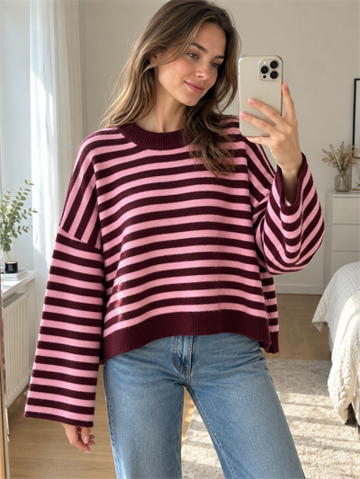 Retrobird Livia Oversize Çizgili Pembe - Bordo Triko Kazak