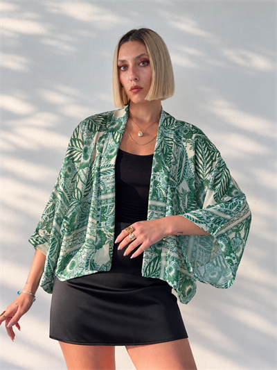 Retrobird Tasarım Su Yeşili Boho Mini Kimono