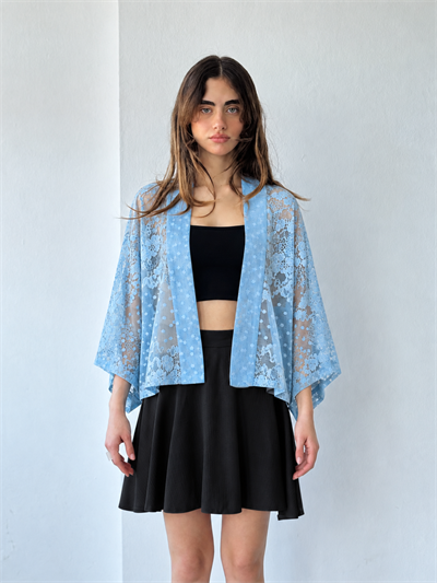 Retrobird Tasarım Transparan Dantel Marin Mavi Boho Mini Kimono