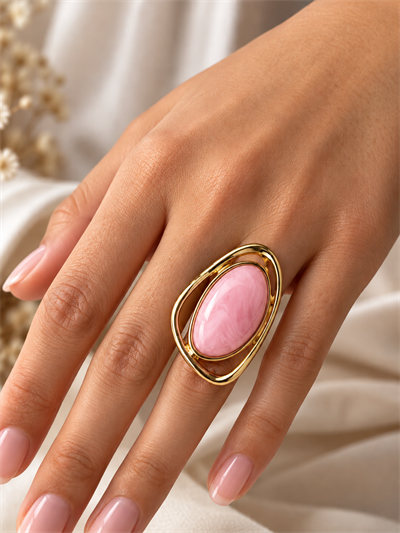 Retrobird Ayarlanabilir Pembe Oval Taş Detaylı Vintage Yüzük