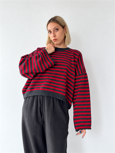 Retrobird Livia Oversize Siyah Çizgili Kırmızı Triko Kazak