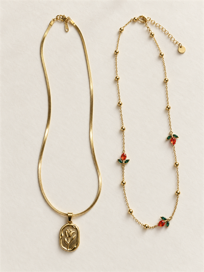 Retrobird Marlowe İkili Vintage Çiçek Figürlü Turuncu - Sarı Kolye Seti