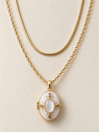 Retrobird Marlowe Ekru Oval Madalyonlu İkili Vintage Kolye Seti