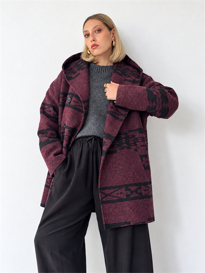 Retrobird Urban Retro Hooded Oversize Burgundy - Black Jacket Coat