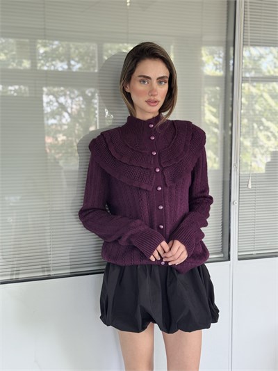 Retrobird Maisie Fırfır Detaylı İnci Düğmeli Mürdüm Rengi Triko Hırka
