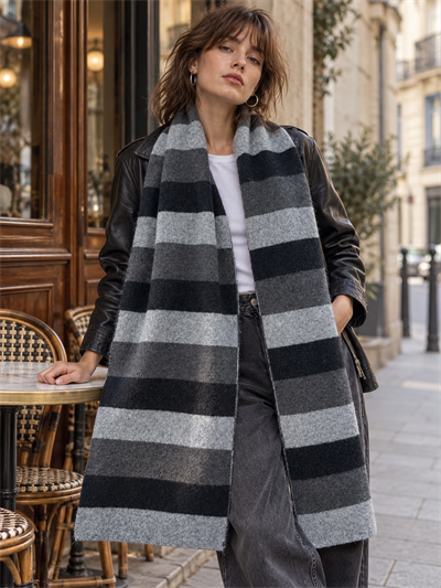 Retrobird Retro Çizgili Oversize Gri Unisex Triko Atkı