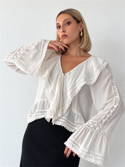 Retrobird Odette Ruffle Detail Tie-Button Snow White Shirt