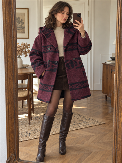 Retrobird Urban Retro Hooded Oversize Burgundy - Black Jacket Coat