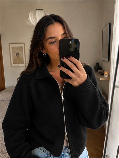 Retrobird Rosalie Oversize Polo Yaka Çift Fermuarlı Siyah Triko Hırka