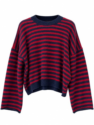 Retrobird Livia Oversize Çizgili Kırmızı - Lacivert Triko Kazak