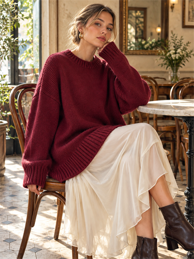 Retrobird Bess Oversize Bisiklet Yaka Bordo Basic Triko Kazak